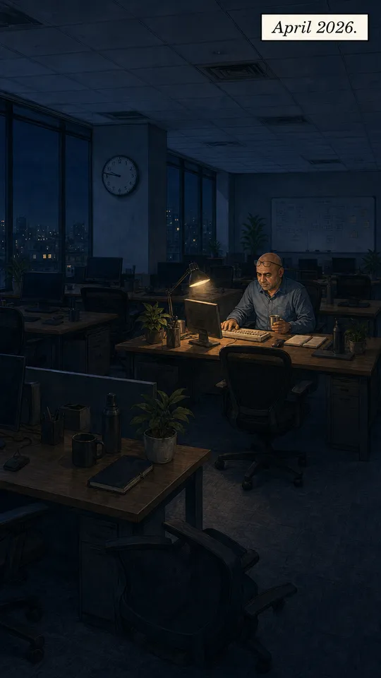Comic panel: an engineer alone in a dark office at night, April 2026